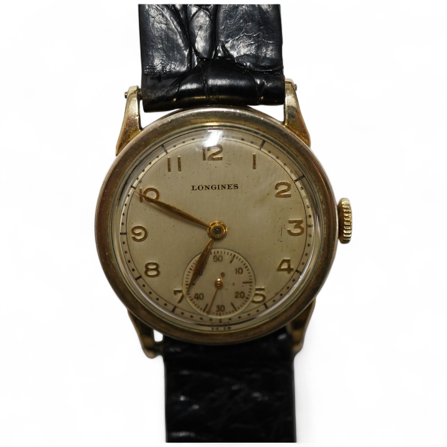 A boy's size 1940's 10k gold filled Longines manual wind wrist watch, with Arabic dial and subsidiary seconds cased and timed in the U.S.A., case diameter 28mm, movement c.10L, on an associated leather strap.
